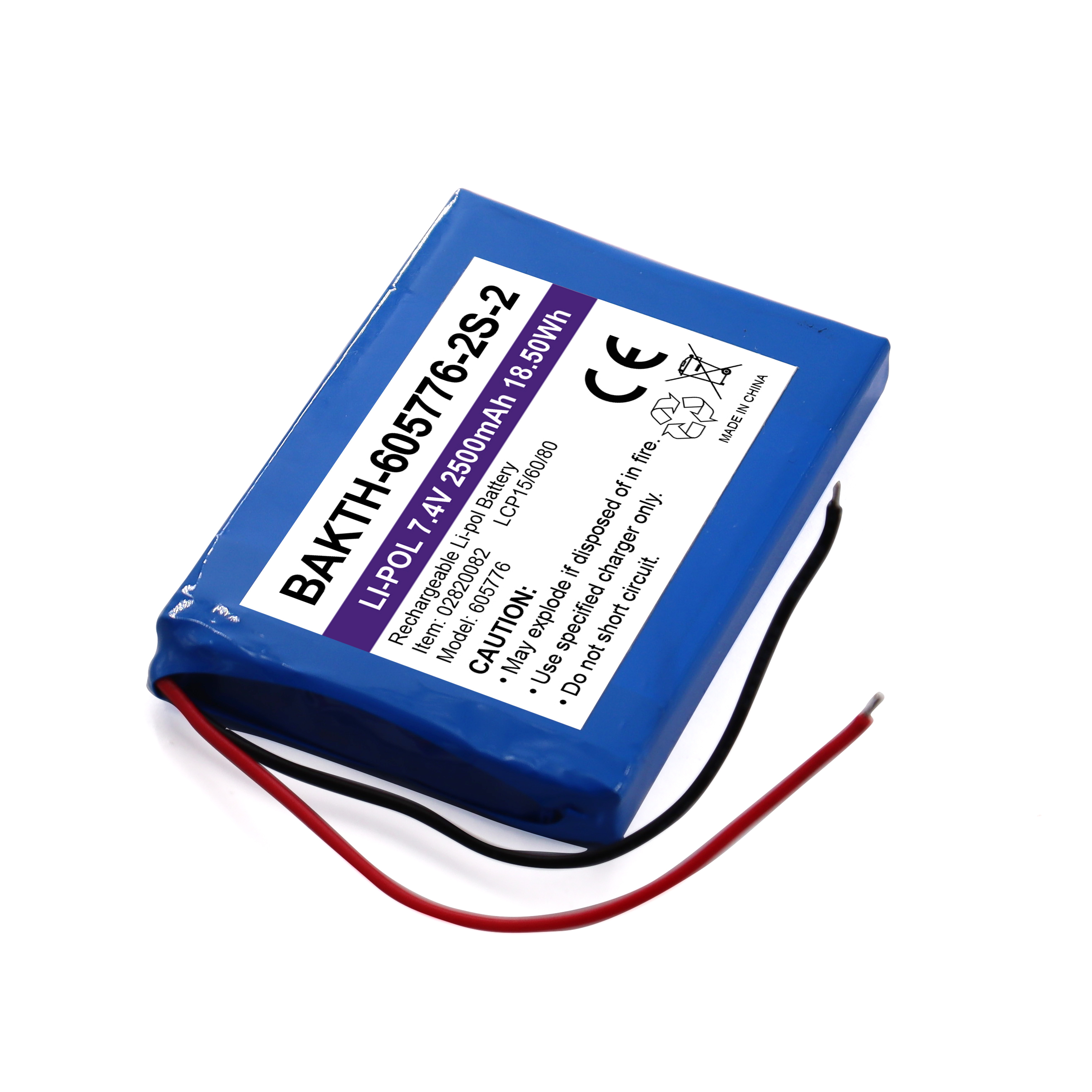 7.4V 2500mAh 2S1P 605776P Li-polymer battery pack for electronic appliance